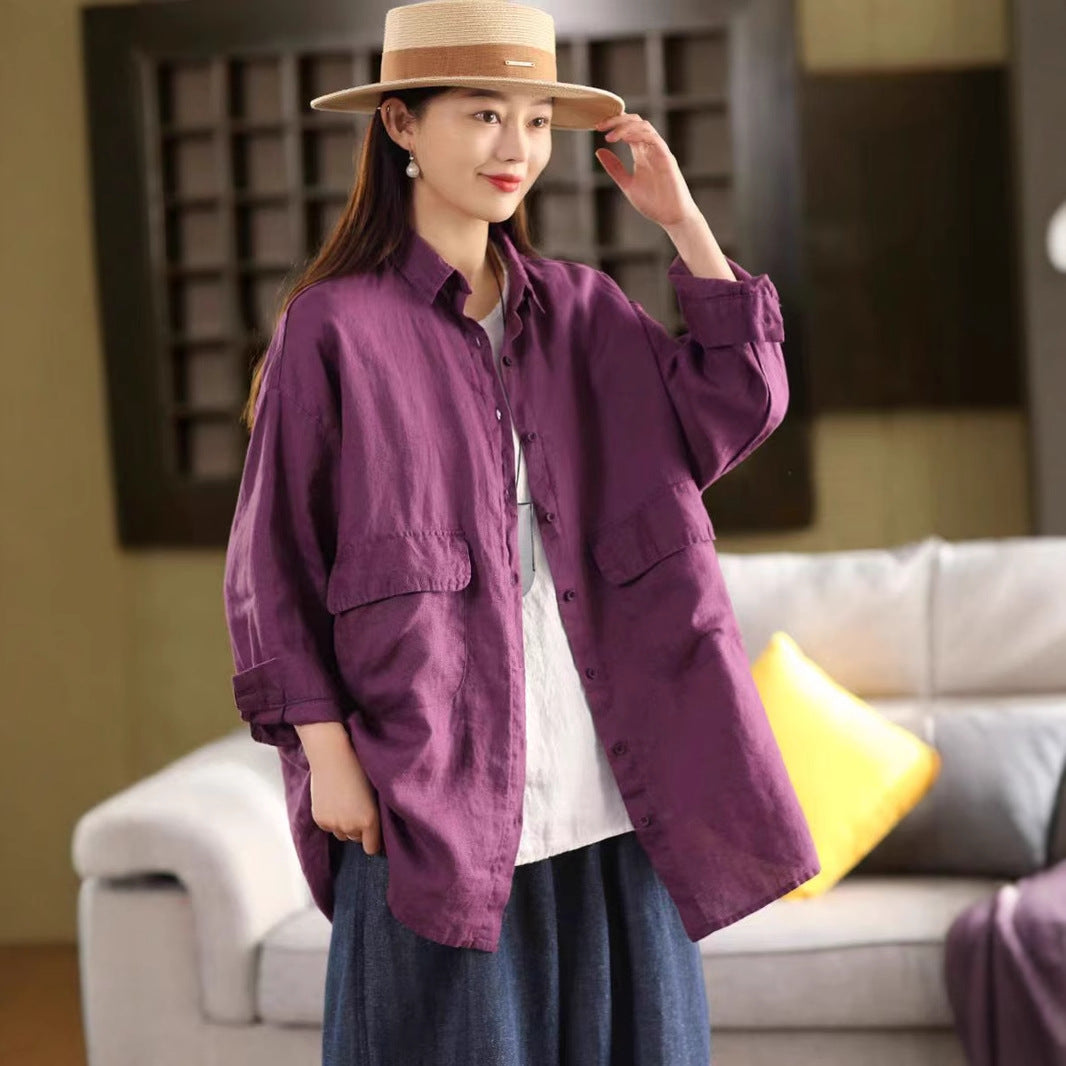 Linen Shirt Women Vintage Sand-Washed Mid-Length Large Pocket Loose Cardigan Outerwear Top