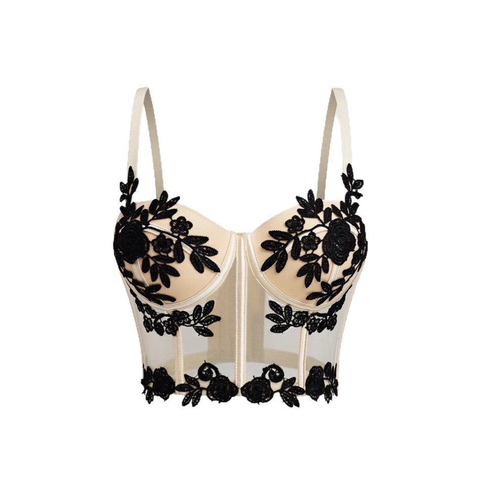 Embroidered Floral Sexy Sheer Mesh Fitted Boned Bustier