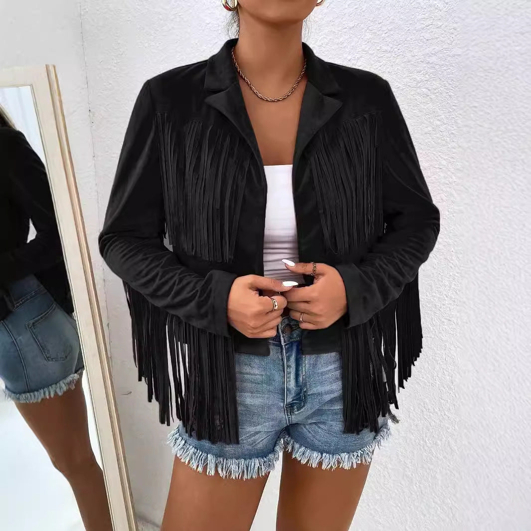 Women's Autumn and Winter New Slim Printed Tassel Long Sleeve Jacket Warm