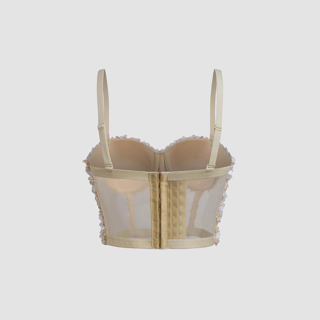 Lace-up Hot Selling Net Bra Outerwear Shaping Bone Strap Crystal