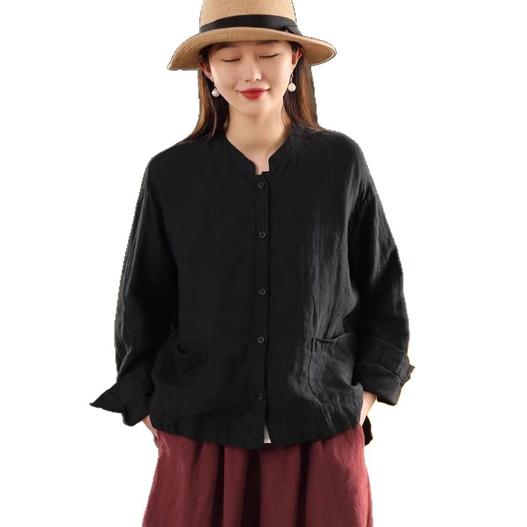 Spring New Color Sand-Washed Linen Shirt Elegant Stand Collar Long Sleeve Blouse Single Breasted Open Cardigan Top