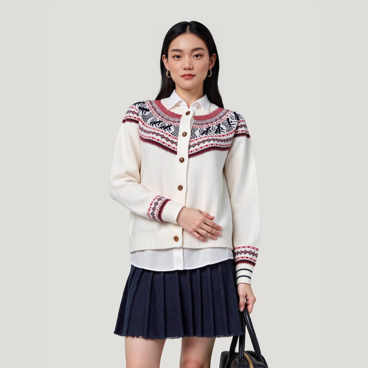Fair Isle Jacquard Knit Women's Autumn Winter Round Neck Loose Lazy Style Cardigan Jacket