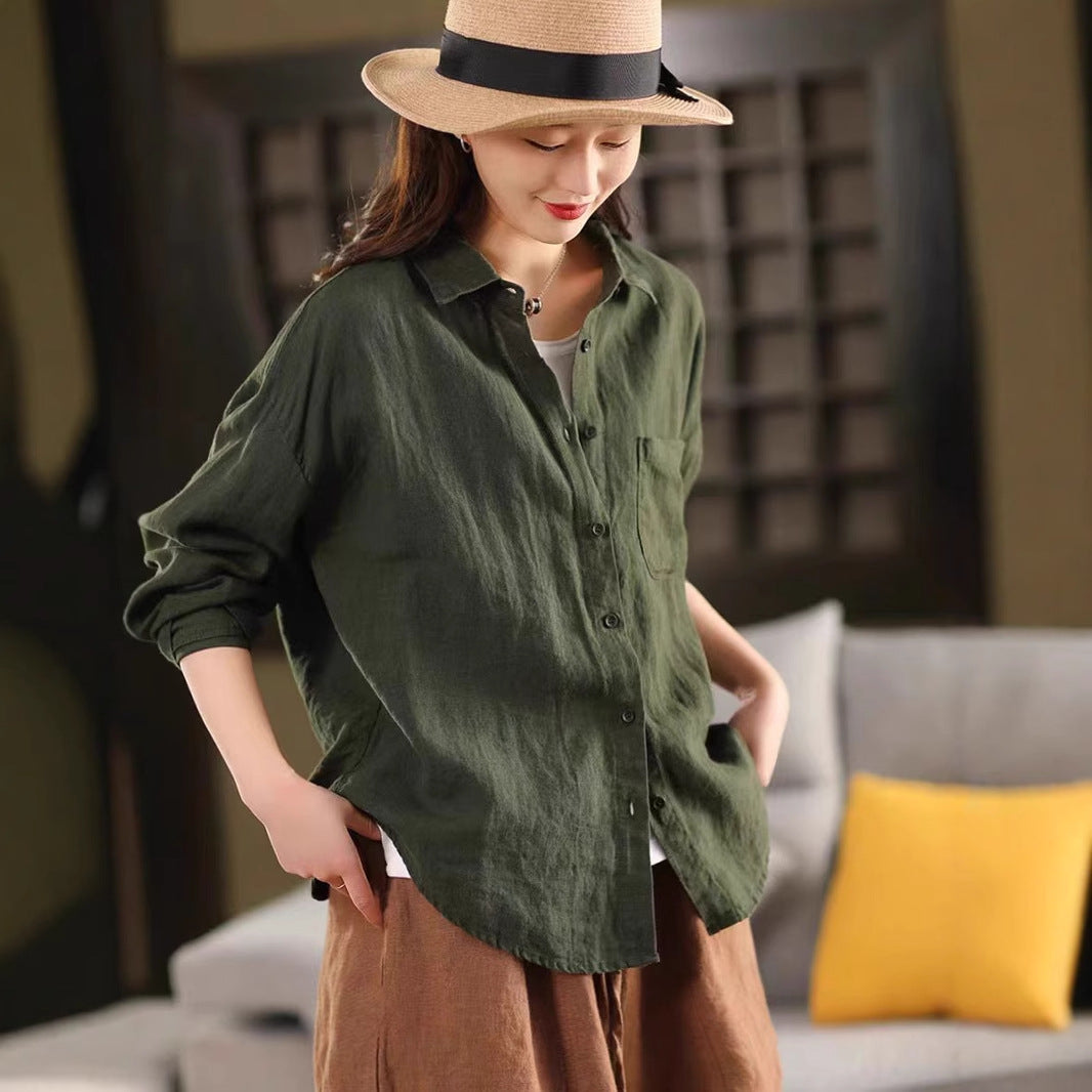 Heavy Washed Linen Shirt Jacket for Women - Elegant Notched Collar Long Sleeve Blouse Cardigan