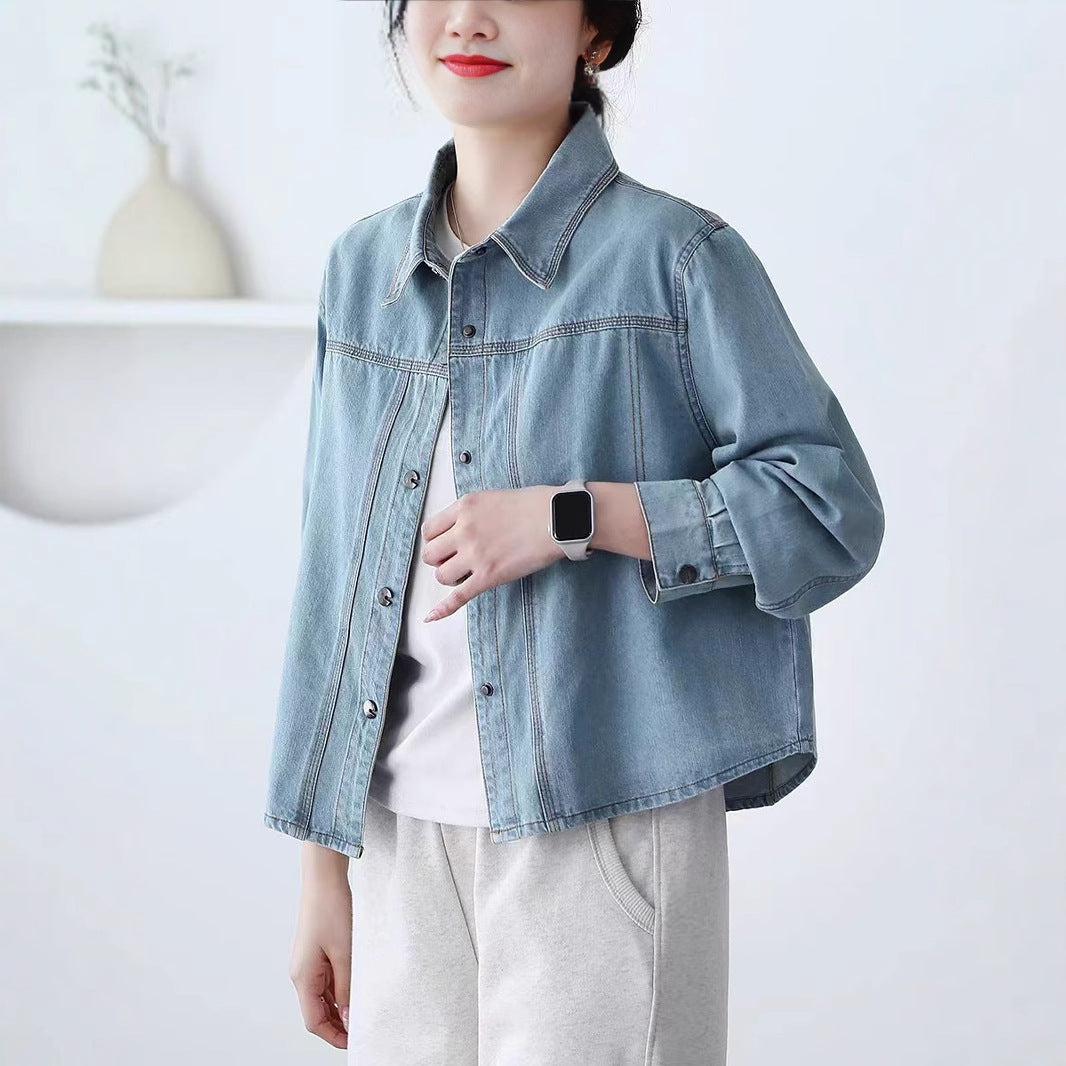 Short Denim Jacket Women's Turn-down Collar Casual Versatile Loose Slim Fit Korean Style Shirt