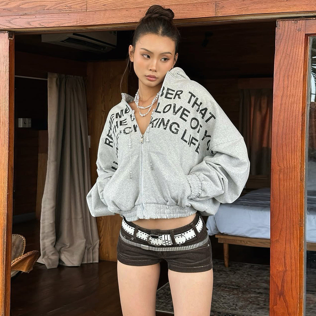 Letter printed American hooded sweatshirt jacket for women