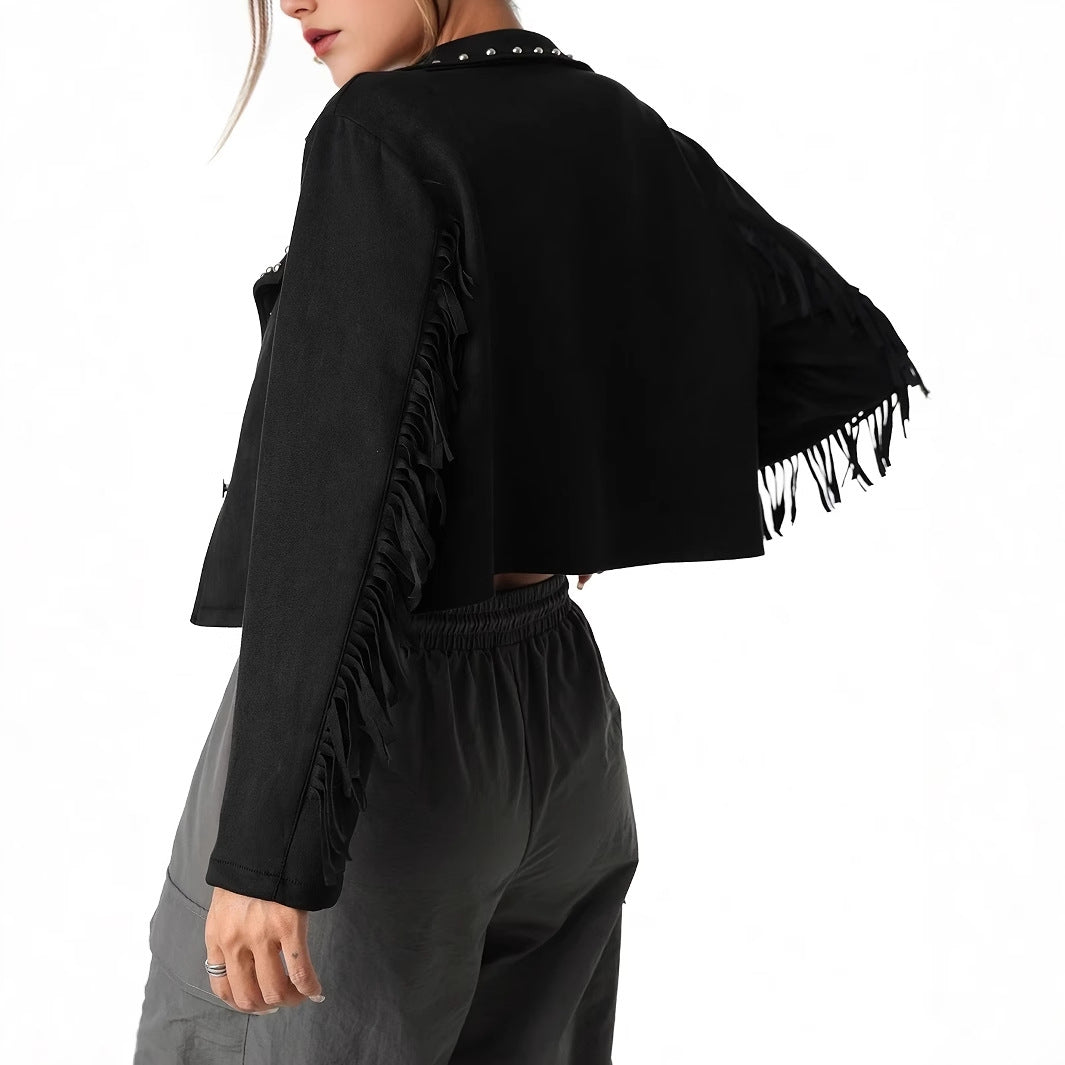 Suede Fringe Women's Short Jacket with Metal Studs Design