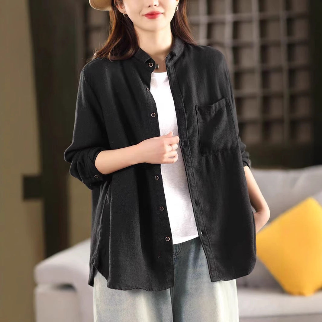 Vintage Washed Hemp Shirt Jacket for Women - Retro Collar Long Sleeve Casual Outerwear