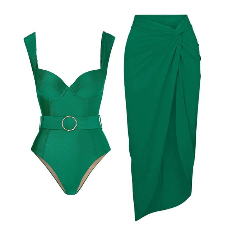Solid Color Backless Belt Simple Elegant One-Piece Swimsuit Women's New Foreign Trade Cross-Border Swimwear