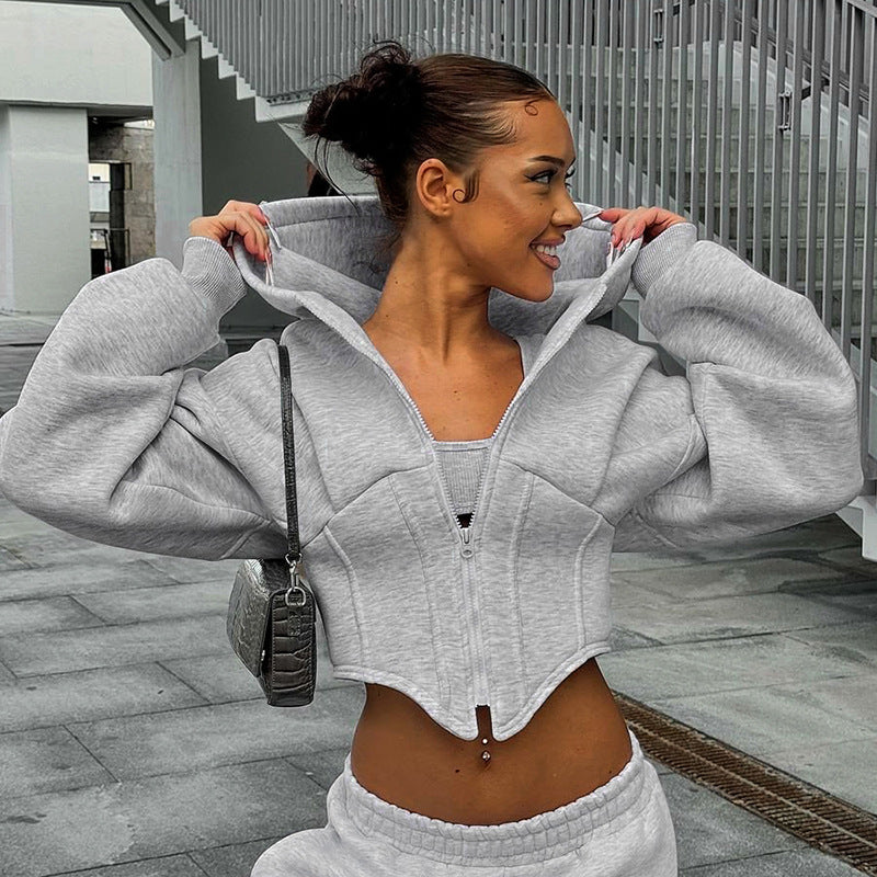 Casual zipper long sleeved hooded cardigan short jacket