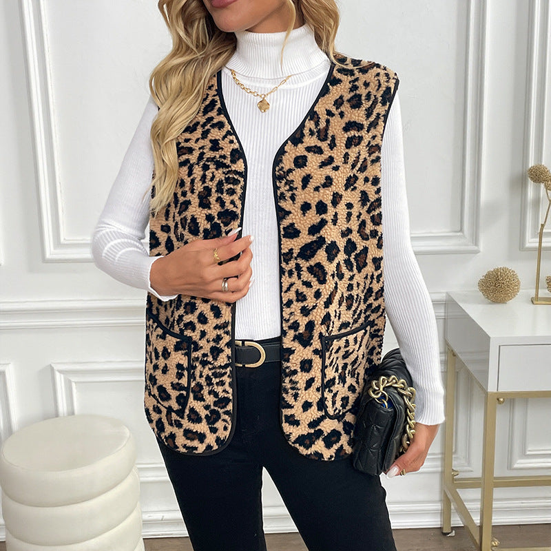 V-Neck Sleeveless Vest Women's Tank Top Leopard Print Open Cardigan Top