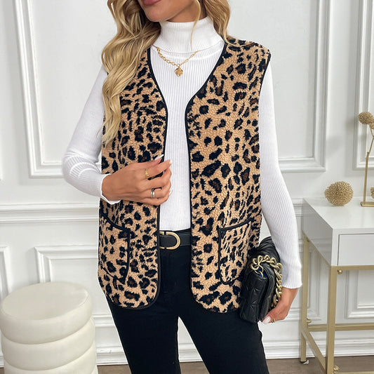 V-Neck Sleeveless Vest Women's Tank Top Leopard Print Open Cardigan Top