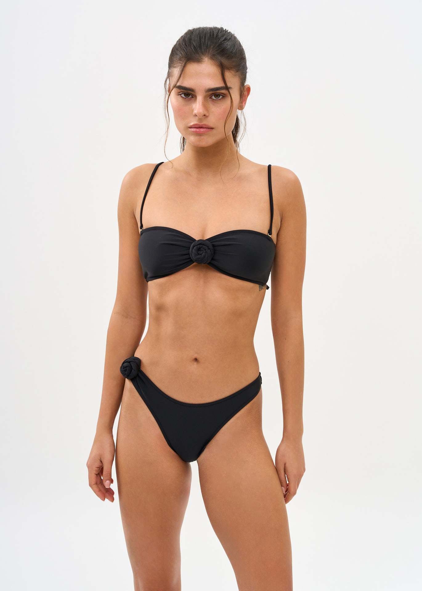 European and American New Pure Color Shiny Nylon Three-Dimensional Flower Separated Swimsuit Women's Sexy High-Waist Bikini