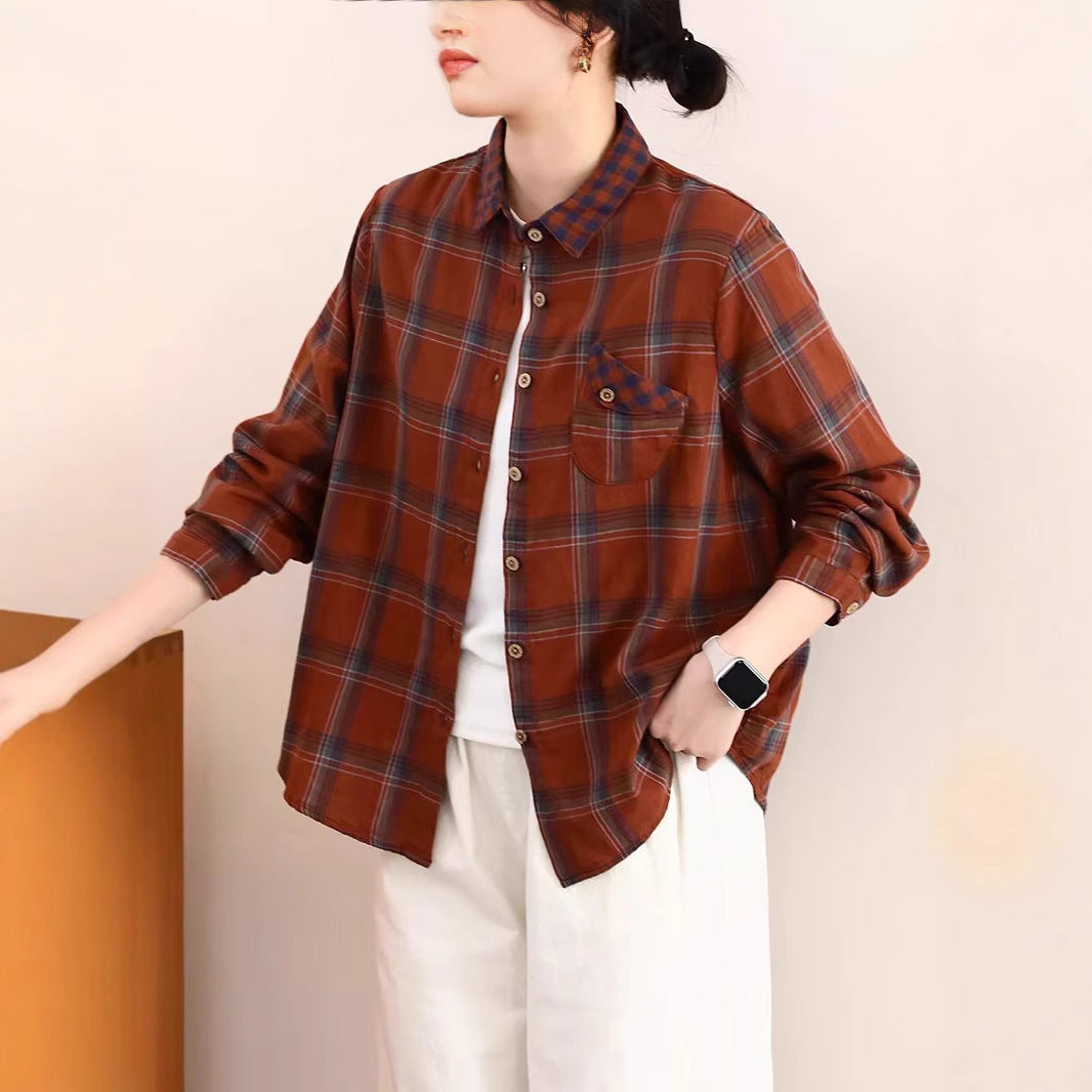 Spring New Cotton Plaid Shirt Women's Casual Versatile Loose Slim Korean Version Long Sleeve Blouse