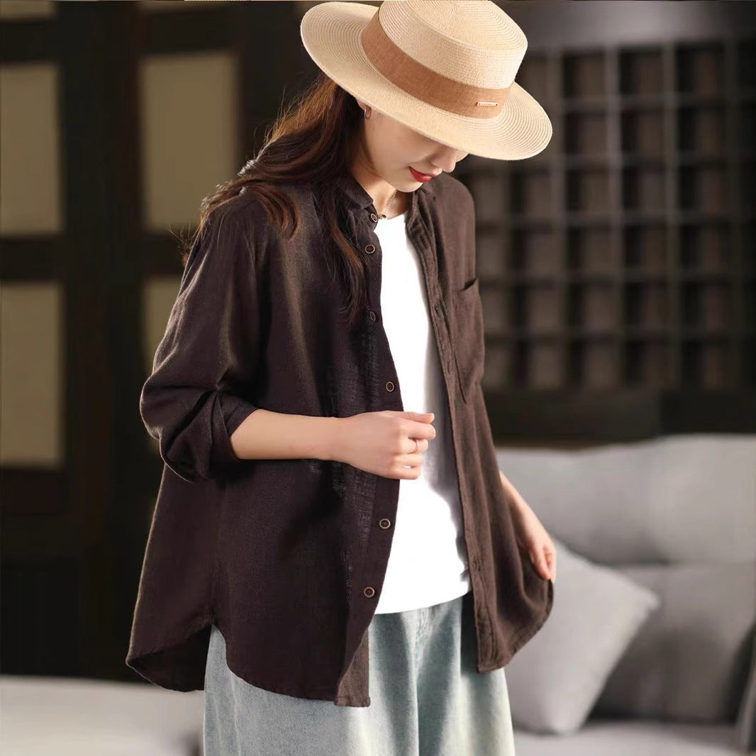 Vintage Washed Hemp Shirt Jacket for Women - Retro Collar Long Sleeve Casual Outerwear