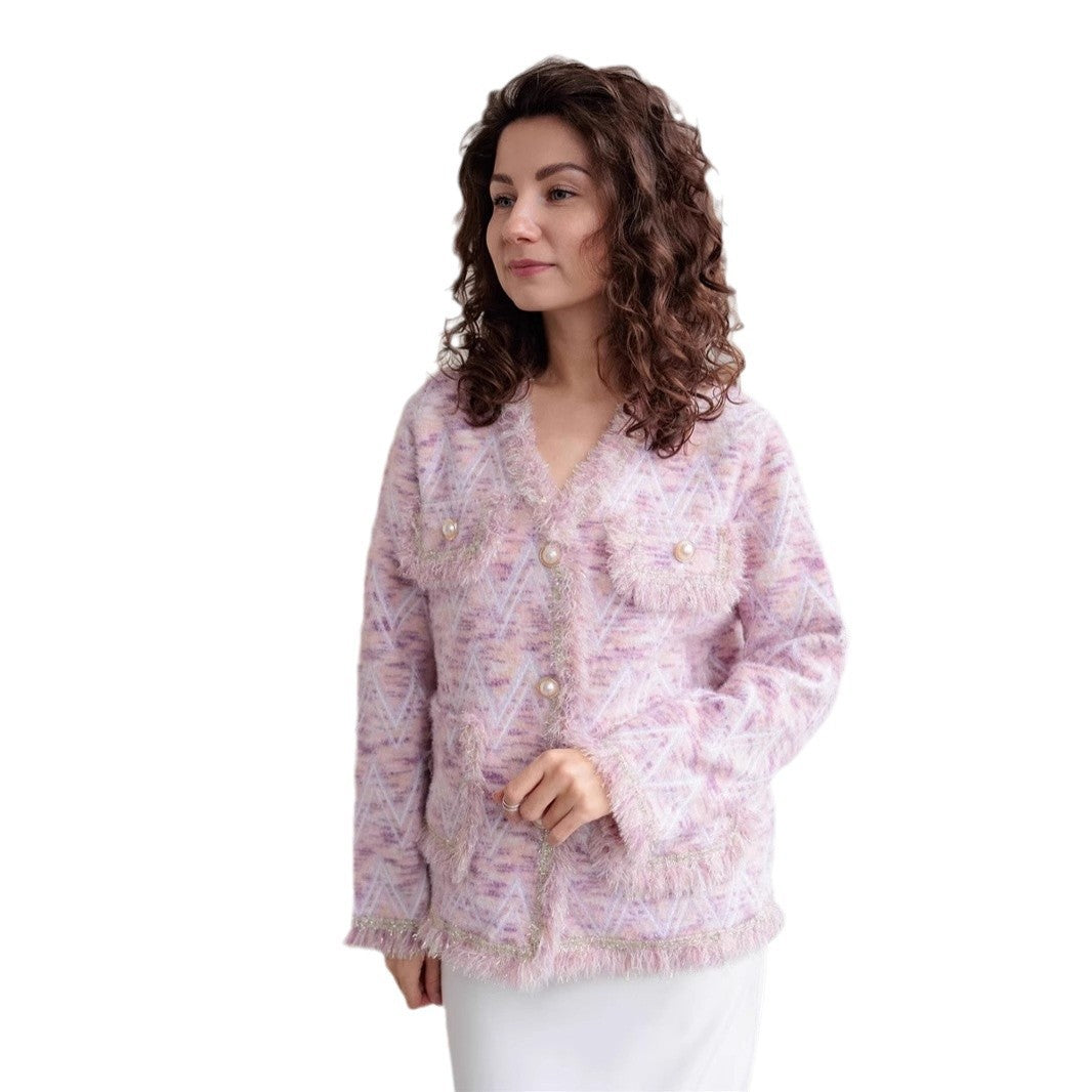 Soft Small Wind Cardigan Women's Elegant Commuting Style V-Neck Heavy Work Sweater Coat Real Shot