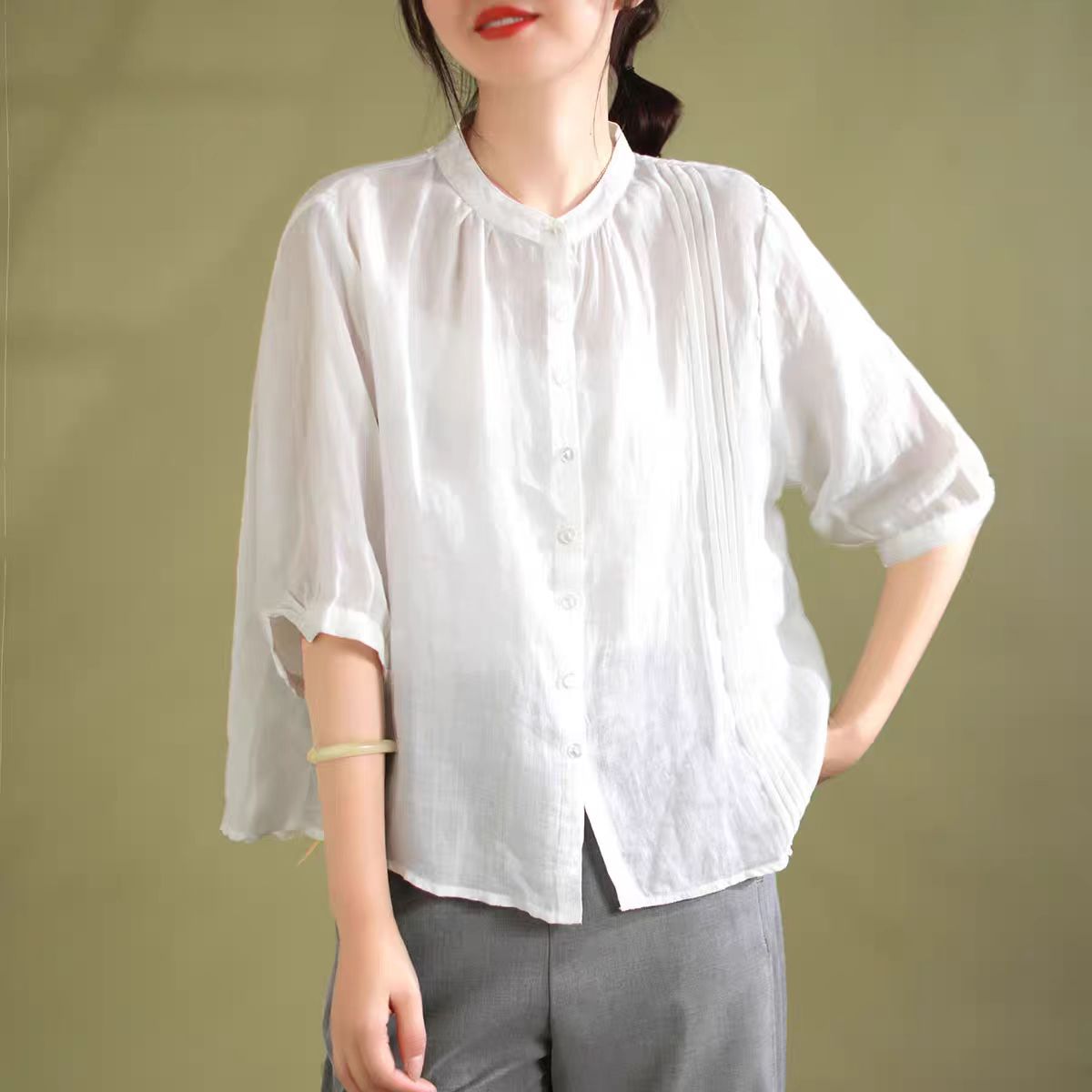 Spring New Literary Retro Five-Quarter Sleeve Hemp Shirt Women Loose Slim Fit Solid Color Top