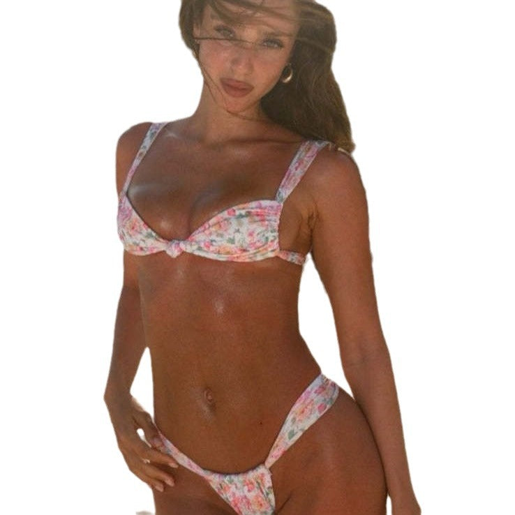 New European and American Printed Strap Separate Swimsuit Women's Sexy Floral Backless Bikini