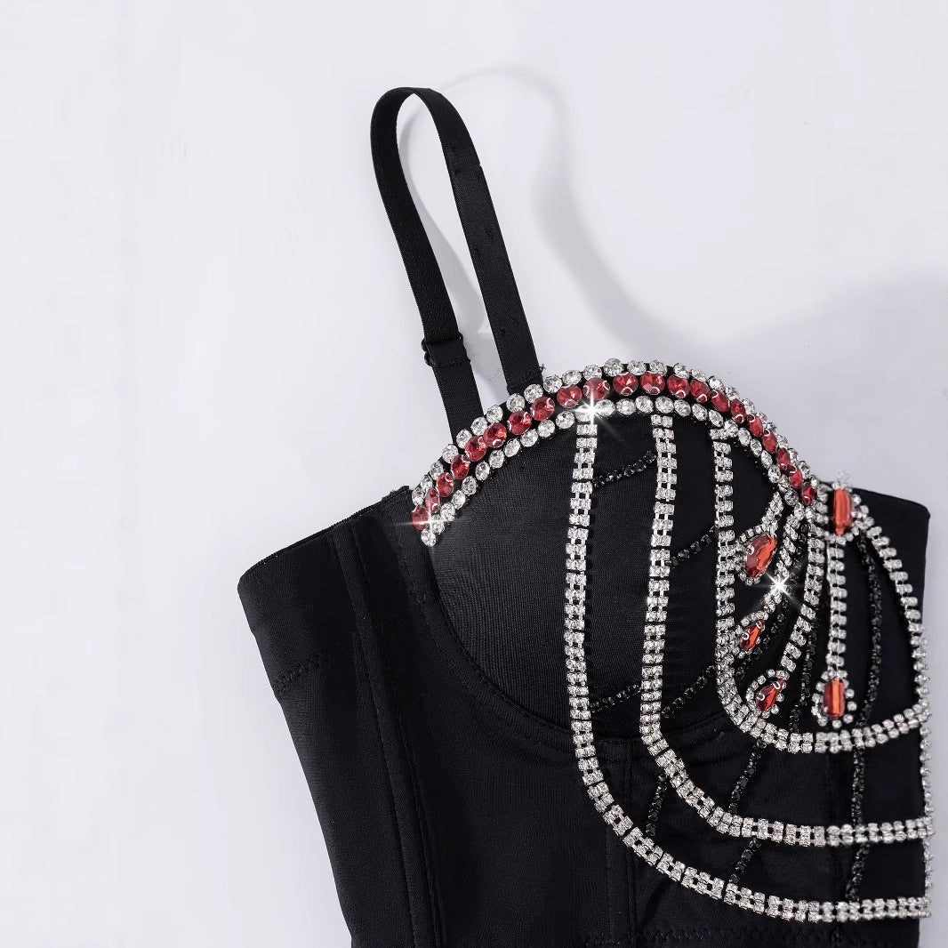Lace-Up Strapless Bralette with Tassel and Rhinestone Embellishments - Sexy Fitted Boned Bustier