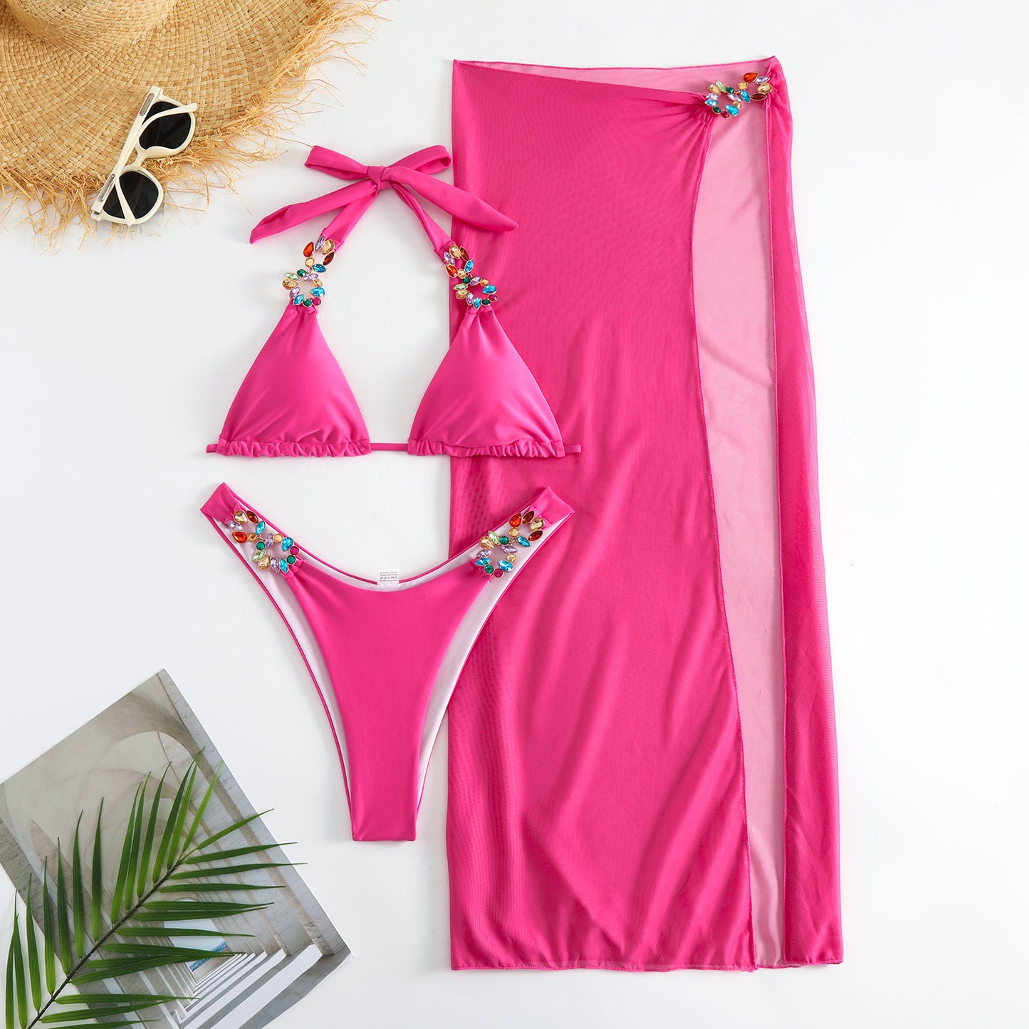 Rhinestone Solid Color Long Skirt Mesh Three-Piece Swimsuit Bikini Set