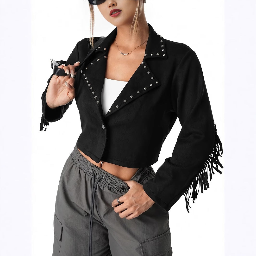 Suede Fringe Women's Short Jacket with Metal Studs Design
