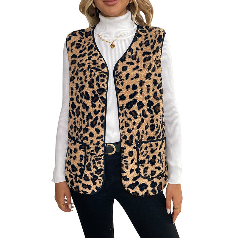 V-Neck Sleeveless Vest Women's Tank Top Leopard Print Open Cardigan Top