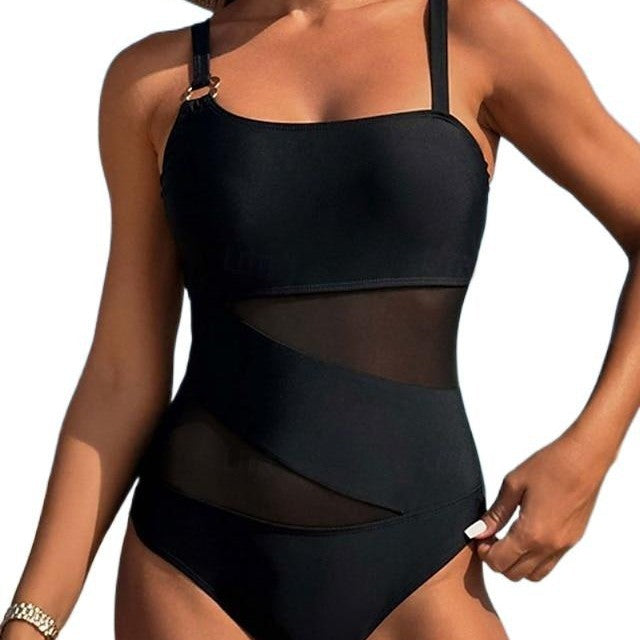 One-Piece Bikini Sexy Solid Color Splicing Swimsuit Women's Netted Bikini