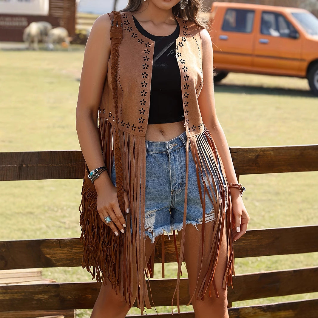 Women's Fringed Hem Bohemian Style Vest Hollow Out Sleeveless