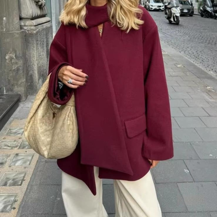 Women's Retro Loose Casual Long Sleeve Scarf Woolen Coat