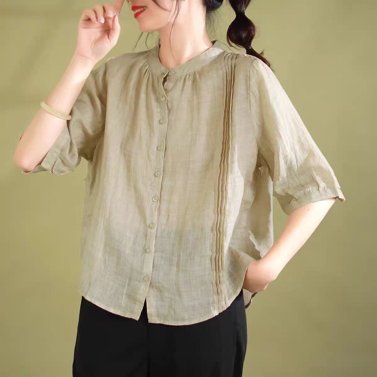 Spring New Literary Retro Five-Quarter Sleeve Hemp Shirt Women Loose Slim Fit Solid Color Top