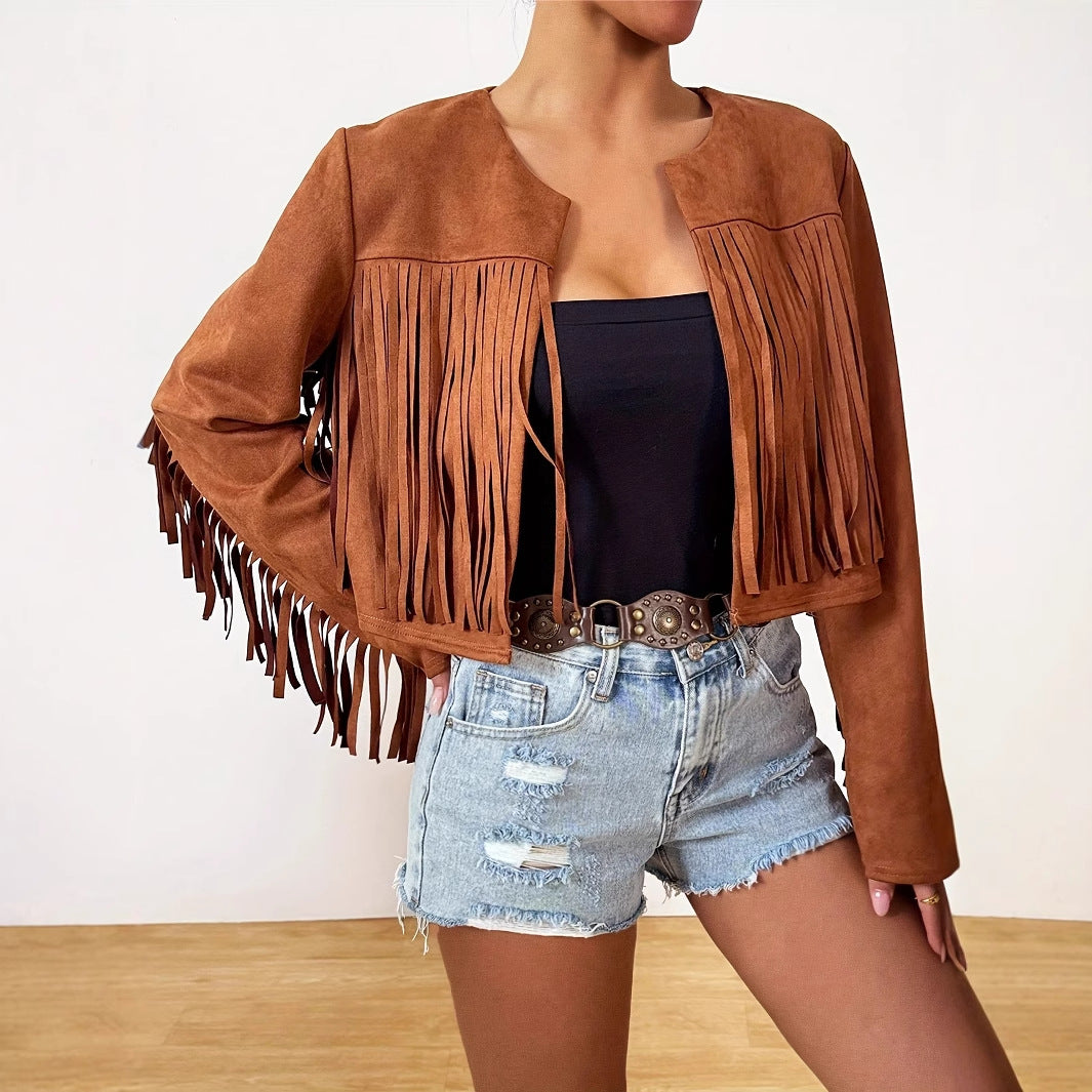 Women's Short Solid Color Loose Retro Street Tassel Jacket