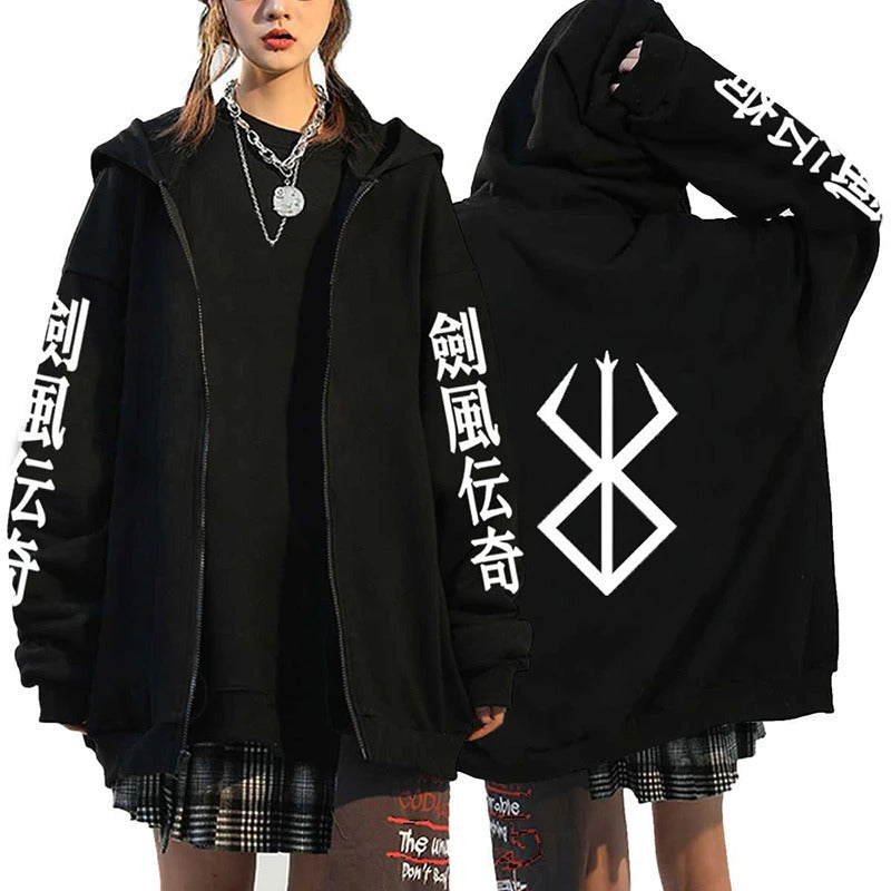 Anime Berserk Pattern Printed Hooded Sweatshirt for Men and Women Long Sleeve Casual Zip-Up Top