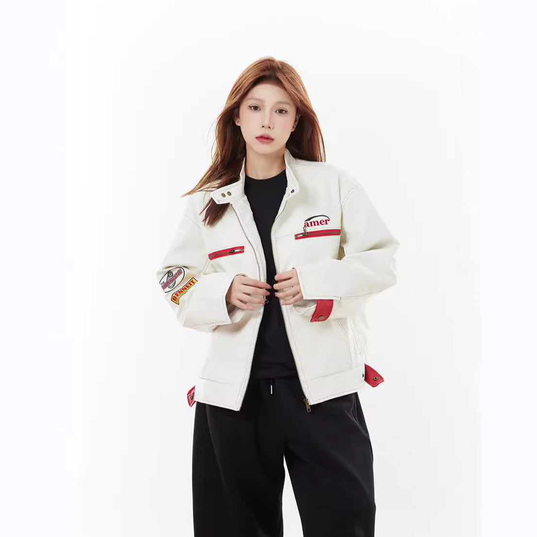 Red and white contrasting embroidered leather jacket with stand up collar