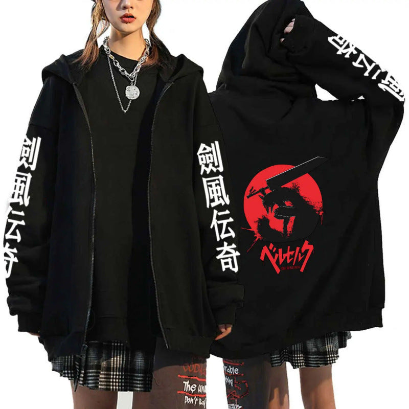Anime Berserk Pattern Printed Hooded Sweatshirt for Men and Women Long Sleeve Casual Zip-Up Top
