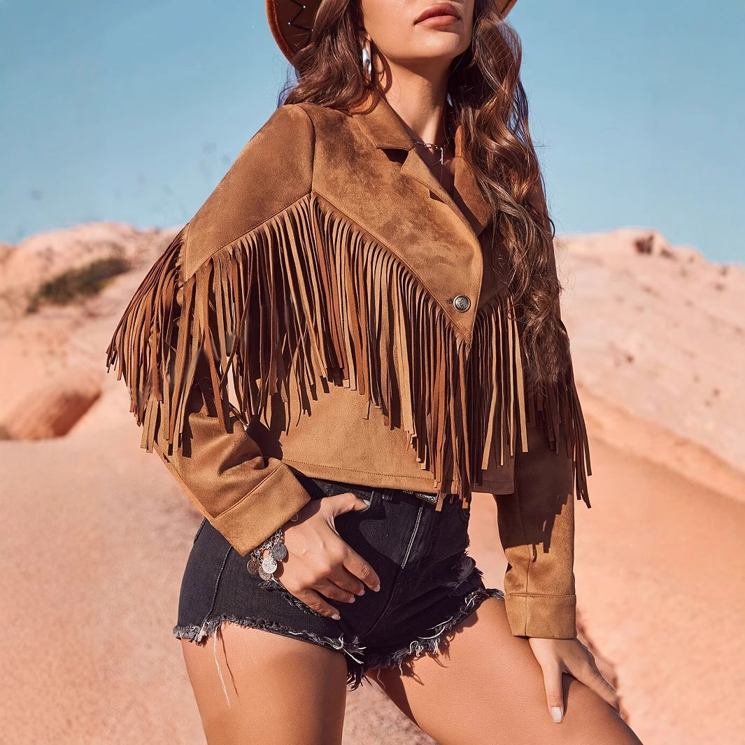 Street Style Suede Short Fringe Jacket for Women