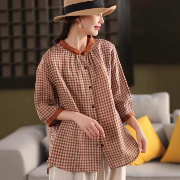 Retro Color Woven Plaid Hemp Shirt with Contrast Collar and Single-Breasted Buttons