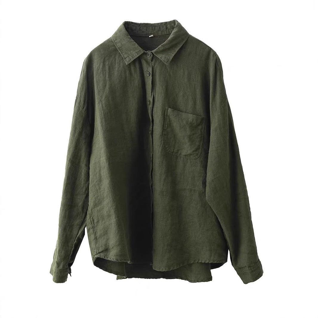 Heavy Washed Linen Shirt Jacket for Women - Elegant Notched Collar Long Sleeve Blouse Cardigan