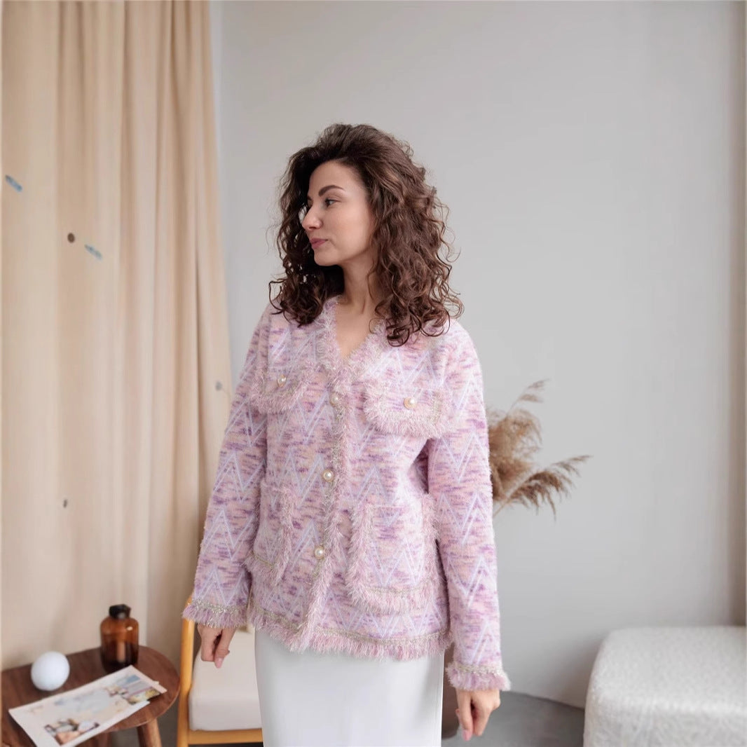 Soft Small Wind Cardigan Women's Elegant Commuting Style V-Neck Heavy Work Sweater Coat Real Shot