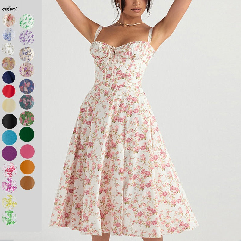 Summer new floral print elegant large hem dress for women