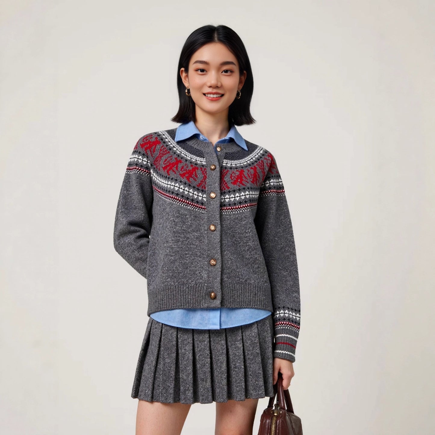 Fair Isle Jacquard Knit Women's Autumn Winter Round Neck Loose Lazy Style Cardigan Jacket