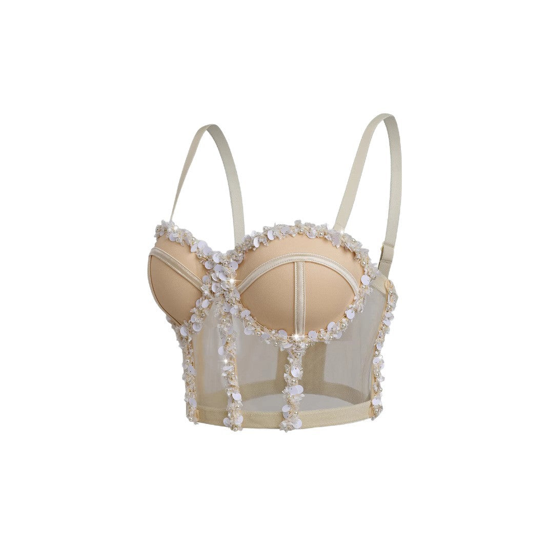Lace-up Hot Selling Net Bra Outerwear Shaping Bone Strap Crystal