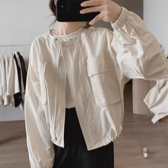 Round Neck Shirt Women's Spring Autumn New Loose Slimming Korean Version Simple Unique Design Age-Reducing Pocket Top