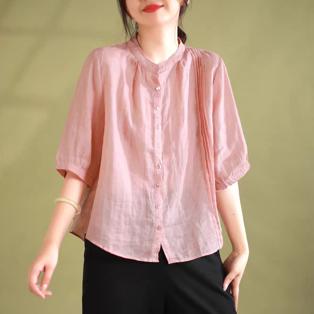Spring New Literary Retro Five-Quarter Sleeve Hemp Shirt Women Loose Slim Fit Solid Color Top
