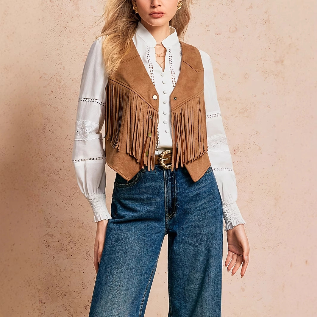 Women's Solid Color Suede Casual Retro Fringe Decorated Front Metal Button Vest Jacket
