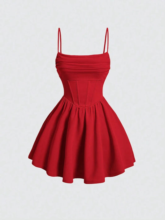 Sexy Dress Solid Color Pleated Back Zipper Sling Dress