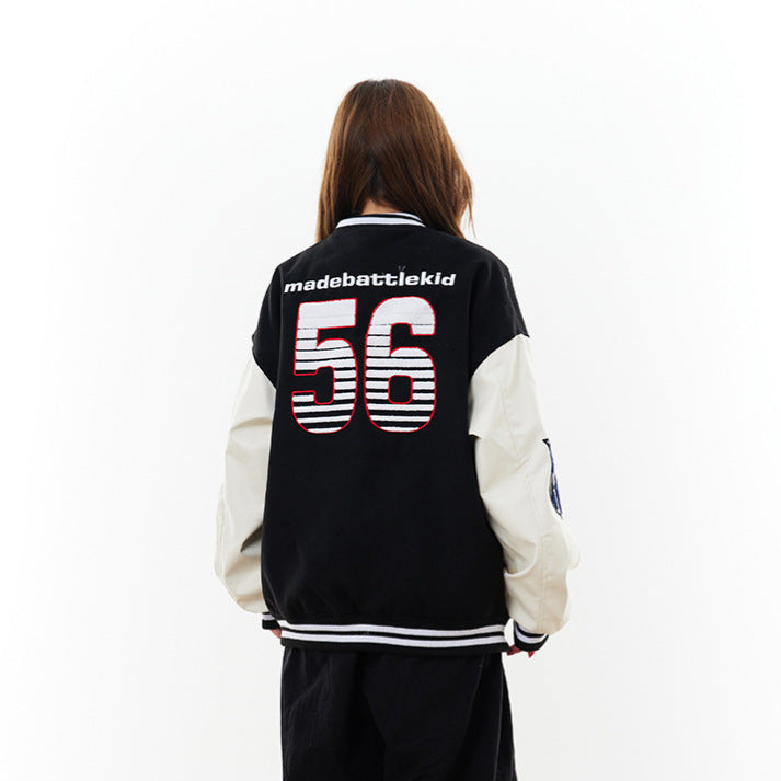 Alphabet PU leather patchwork contrasting baseball jersey