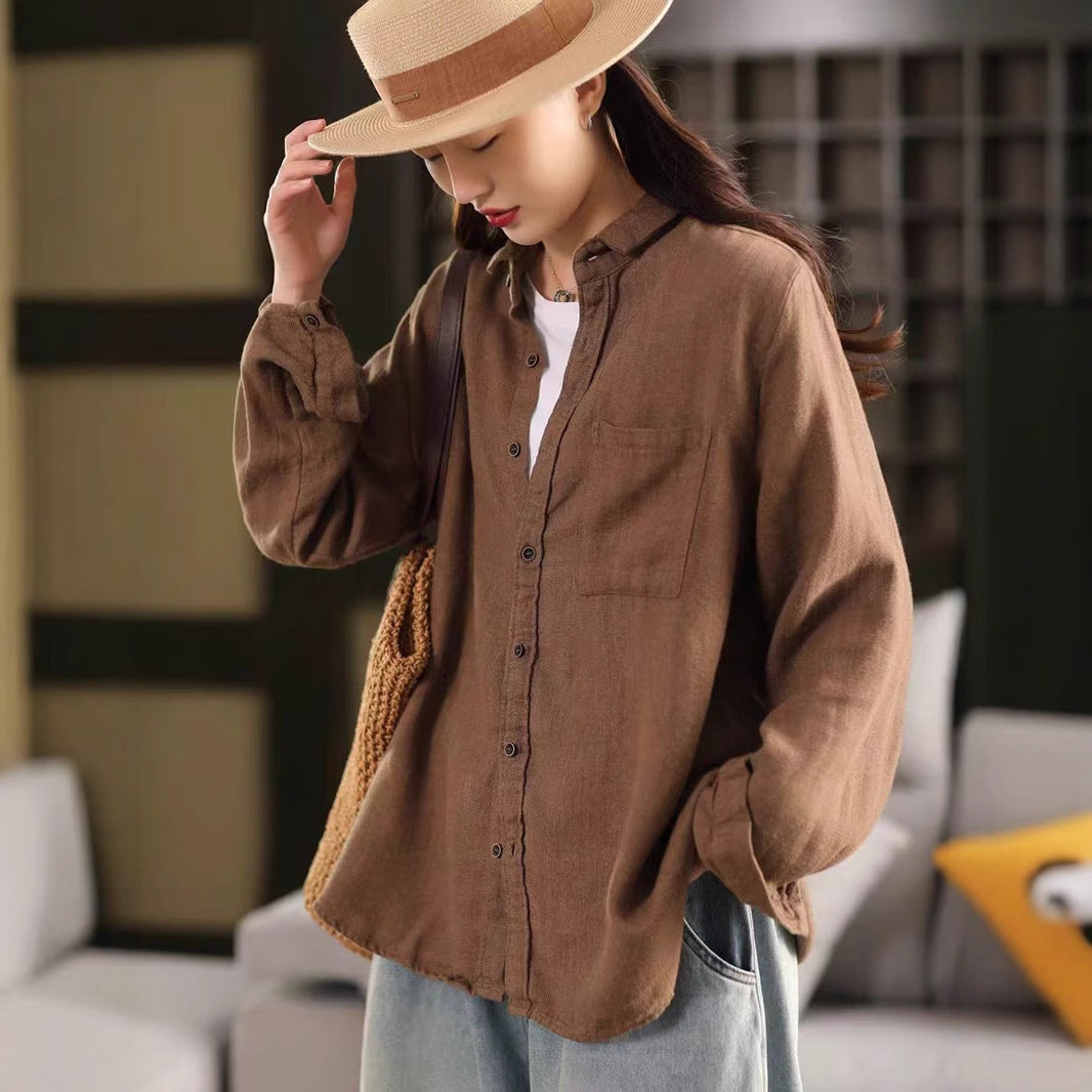 Vintage Washed Hemp Shirt Jacket for Women - Retro Collar Long Sleeve Casual Outerwear
