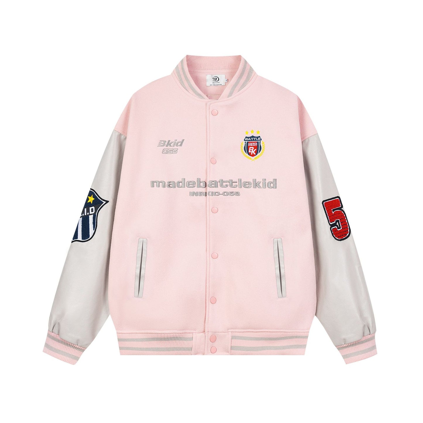 Alphabet PU leather patchwork contrasting baseball jersey