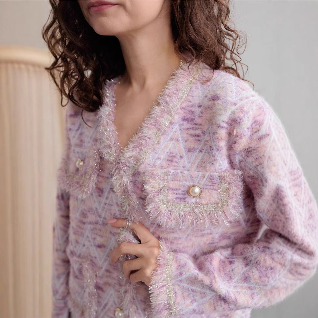Soft Small Wind Cardigan Women's Elegant Commuting Style V-Neck Heavy Work Sweater Coat Real Shot