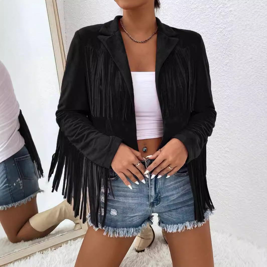 Women's Autumn and Winter New Slim Printed Tassel Long Sleeve Jacket Warm