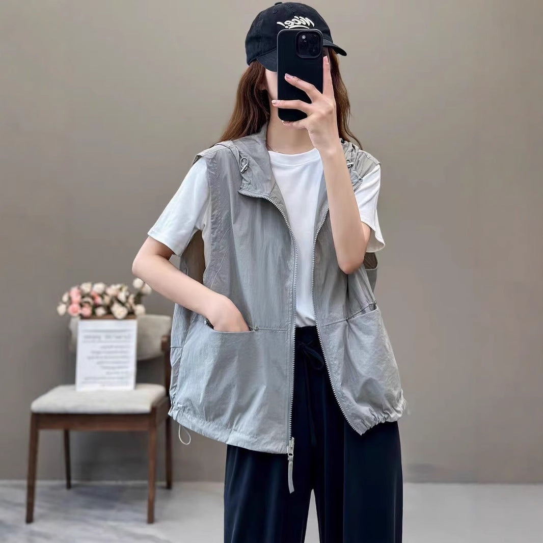 Spring and Summer Lightweight Breathable Outdoor Sports Casual Two-Way Wear Hooded Vest for Women Fashion Versatile Waistcoat Outerwear